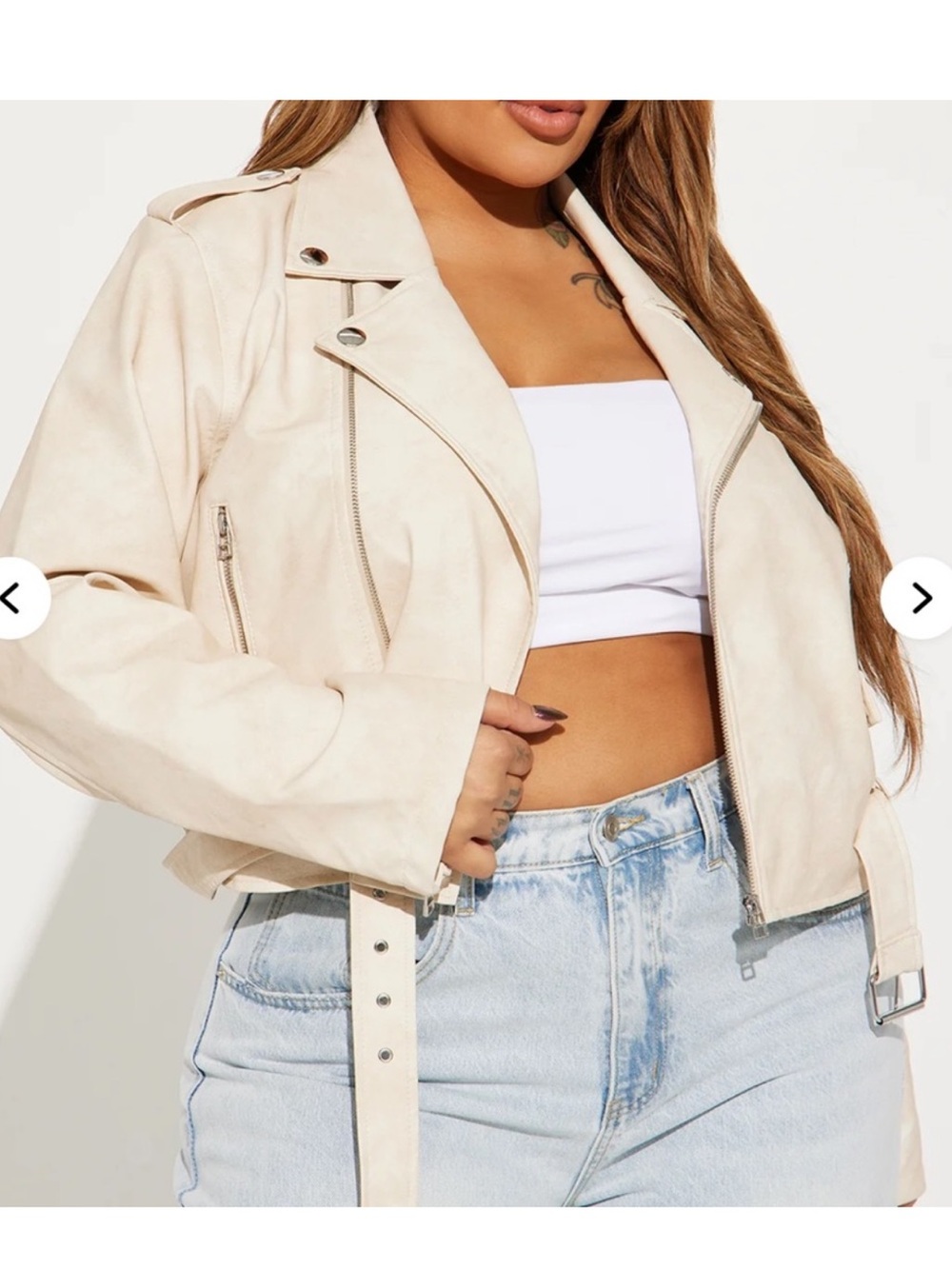 Fashion Nova Cream Cropped Moto Jacket with Belt - Picture 2 of 8